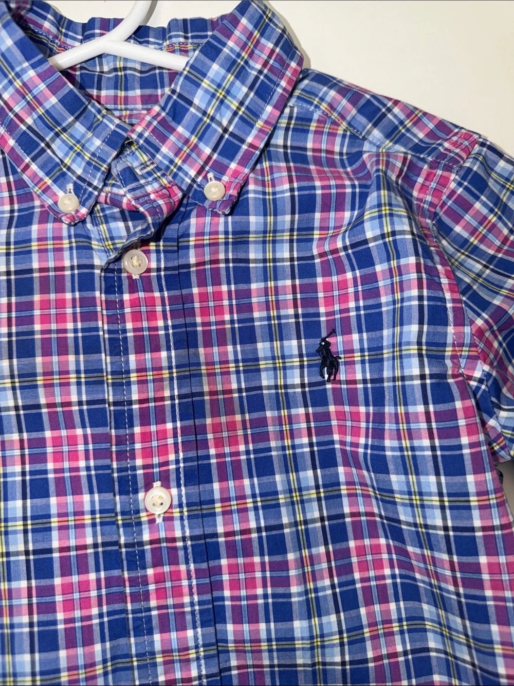 Boy's Ralph Lauren Short Sleeve Plaid Button-Down Shirt - Blue & Pink